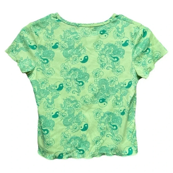 Y2K Streetwear Society Green Fitted Yin Yang Dragon Lotus babydoll cropped tee L - Picture 2 of 5
